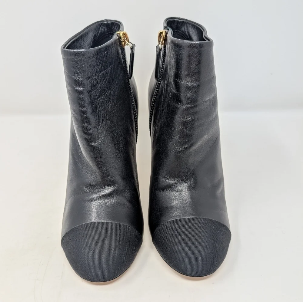 Chanel Cap Toe Pearl Stiletto Heel Black Ankle Boots Celebrity CC Logo Size 37